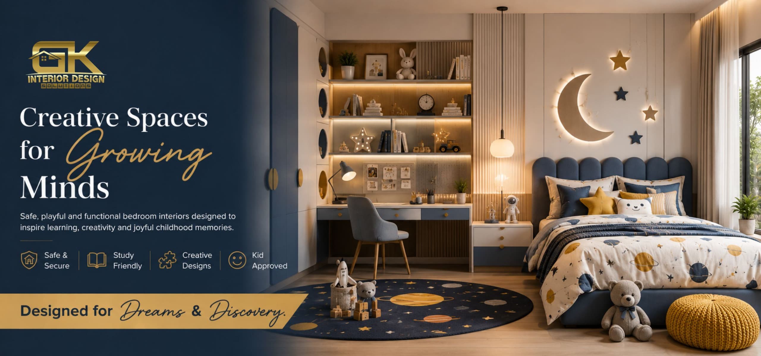 Creative spaces for growing minds — safe, playful and functional bedroom interiors that inspire learning and creativity.